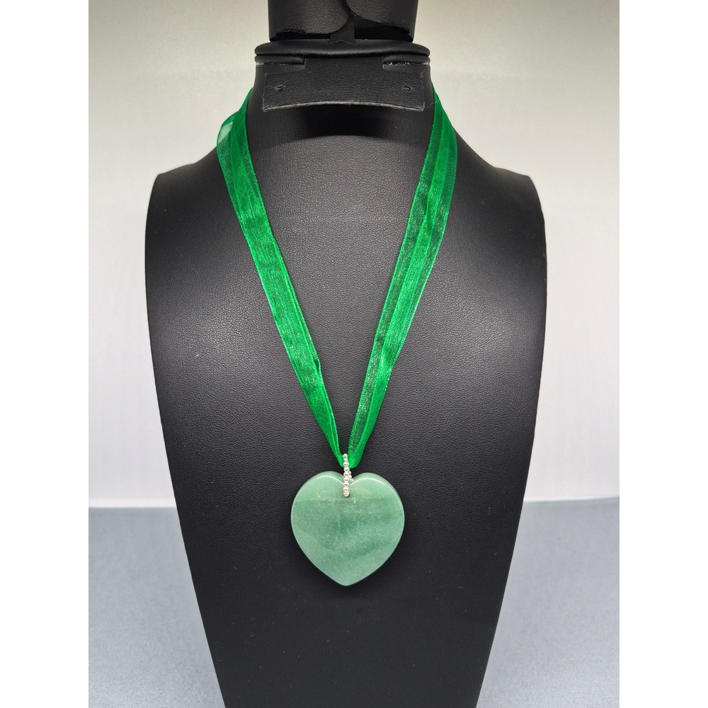 Green Aventurine Heart Pendant Necklace Sheer Ribbon Sterling‎ Silver 925